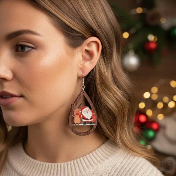 Santa Claus and Rudolph Earrings: Lightweight Wooden Teardrop Christmas Dangles - Picture 3 of 4